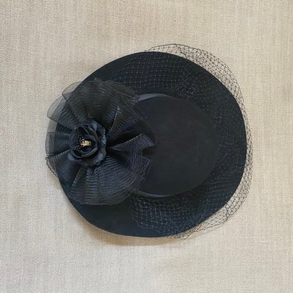 Geo W Bollman CO Black Wool Hat Flower Netting Ribbon USA Vintage main image 4